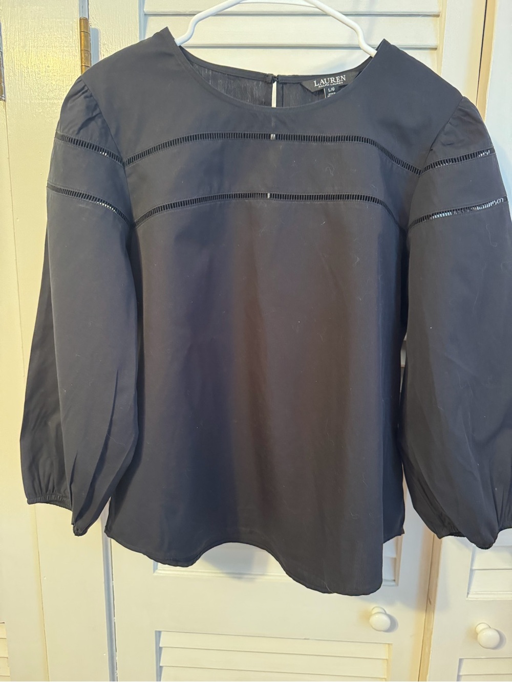 Ralph Lauren Black Puff-Sleeve Ladder-Trim Blouse - Picture 1 of 3